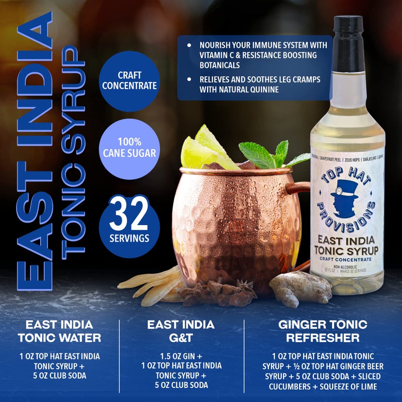 Top Hat East India Craft Concentrated Quinine Tonic Drink Syrup - 5x Natural Quinine Wellness Tonic Water Concentrate - Just Add Club Soda - 32oz bottle - Image 4